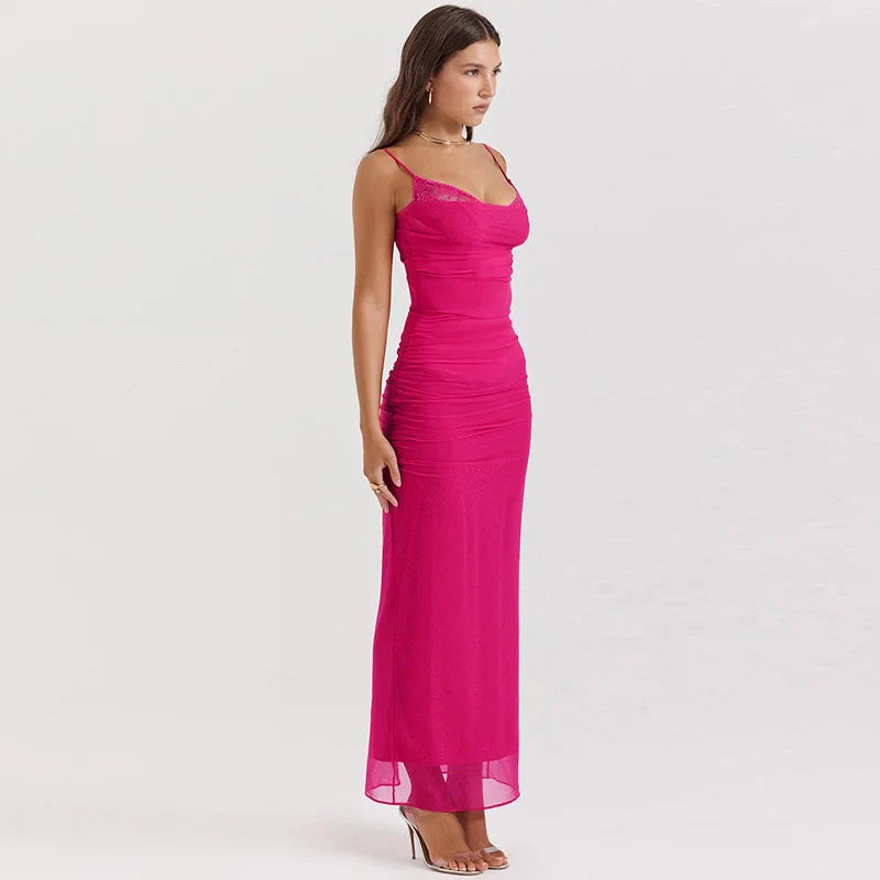 Mesh Pink Ruched Bodycon Strap Midi Dress