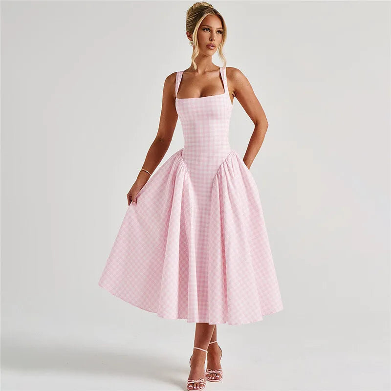 Plaid Printed Corset A-line Maxi Dress