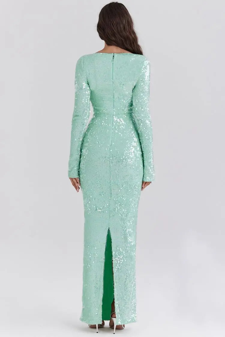 Green Sequin Long Sleeve Maxi Dress