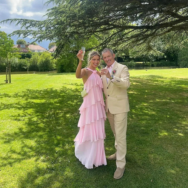 Pink Pleated Halter Maxi Dress