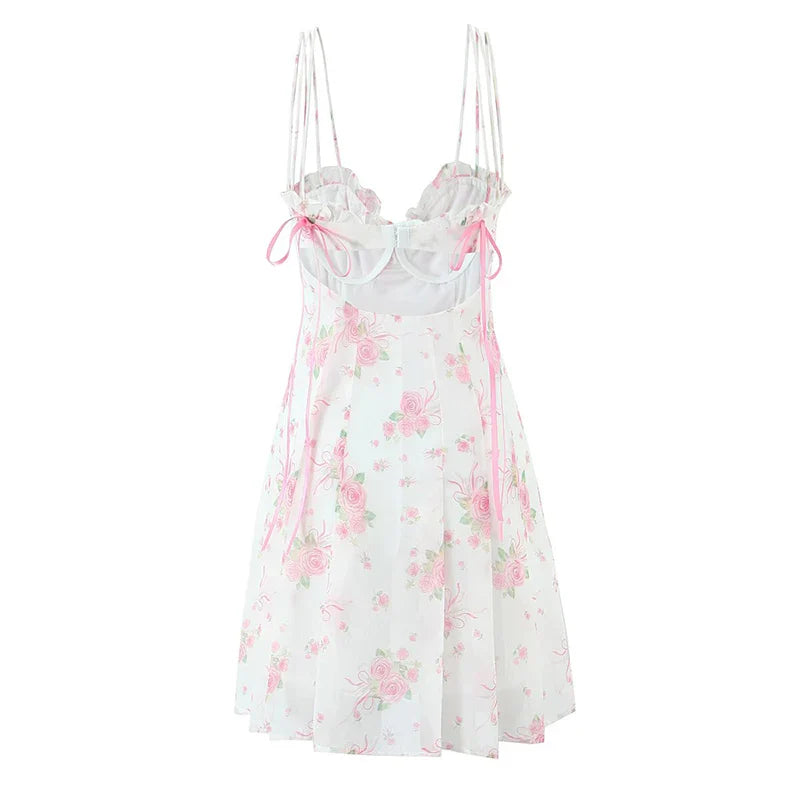 Pink Floral Bow Mesh Cami Mini Dress