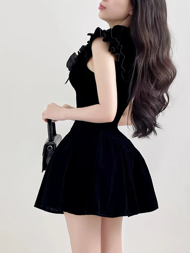 Ruffle Sleeve High Neck Velvet Black Mini Dress