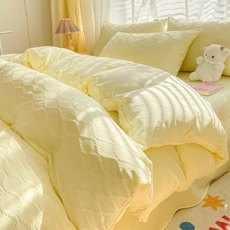Argyle Jacquard Bedding Set Duvet Cover Pillowcases Flat Sheet Washed Cotton Solid Color Bed Linen Duvet Cover Set