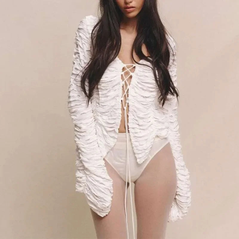 White Lace Up Gathered Top