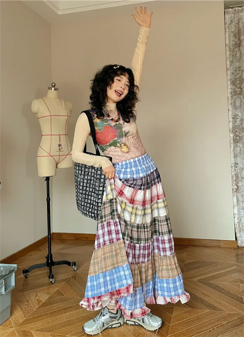 Plaid Patchwork Ruffles Maxi Skirt - Bohemian A-Line