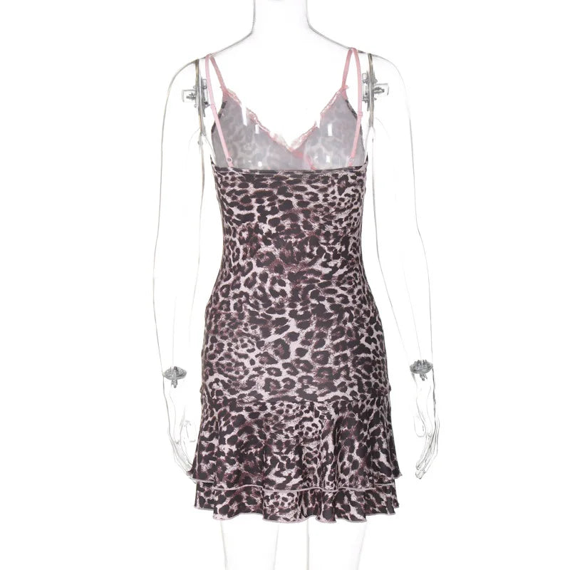 Leopard Print Lace Trim Mini Dress