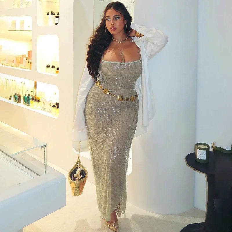 Sequin Spaghetti Strap Midi Dress