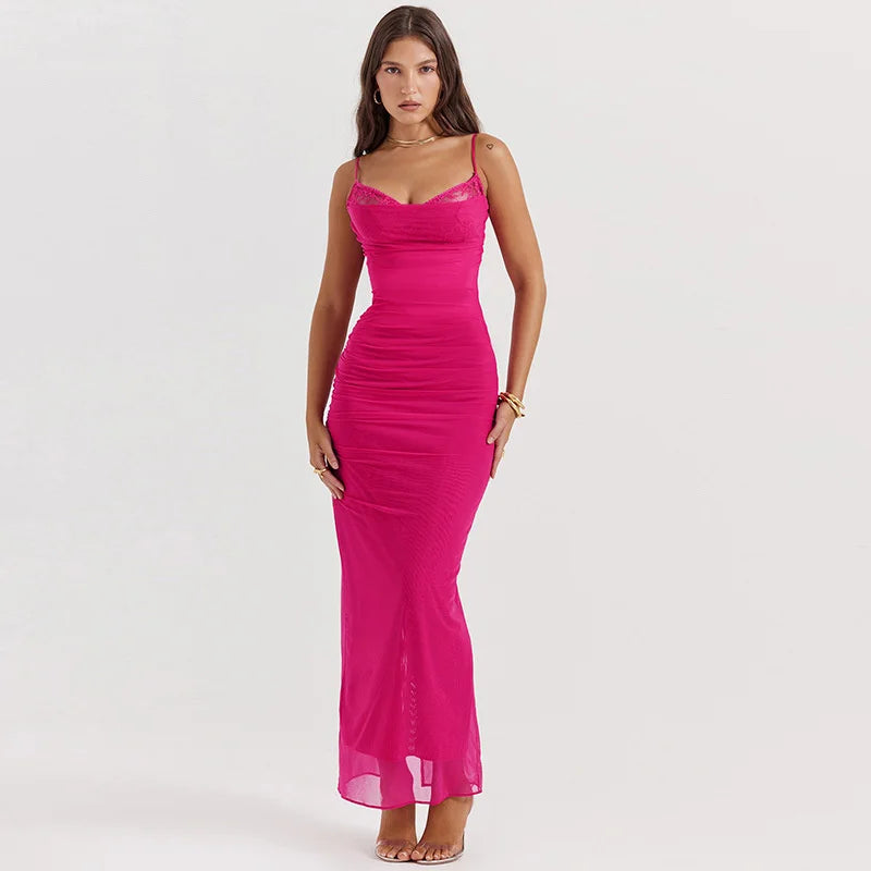 Mesh Pink Ruched Bodycon Strap Midi Dress