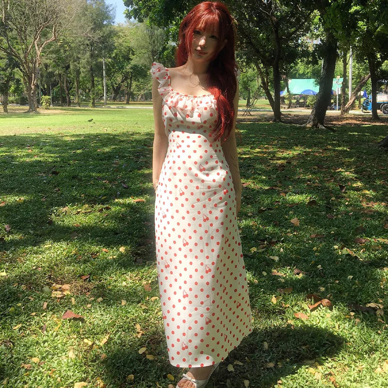 Red Off Shoulder Ruffled Polka Dot Printed Maxi Dress