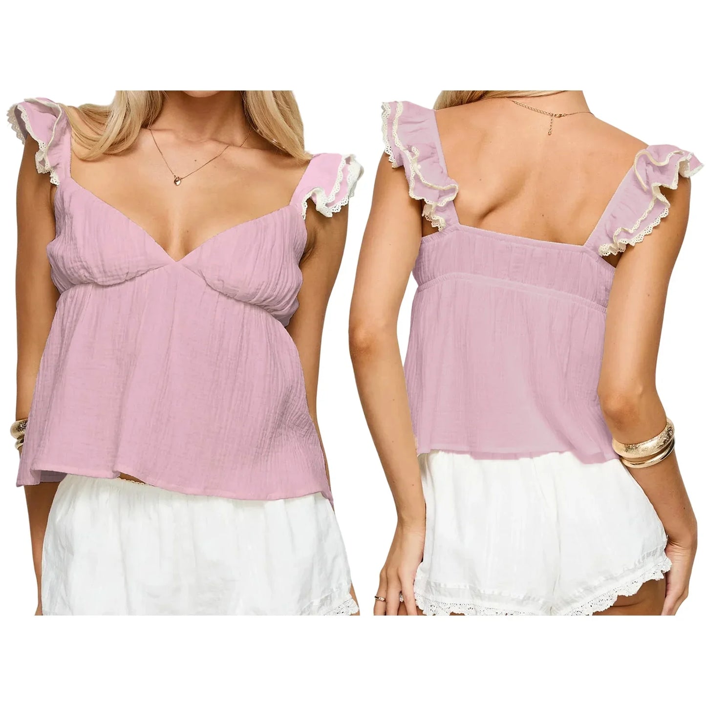 Wide Ruffle Straps V-Neck Babydoll Top