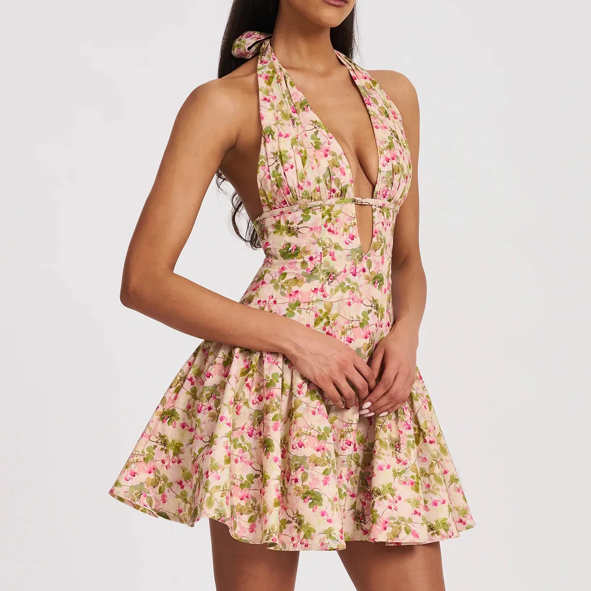 Floral Deep Halter Neck Mini Dress