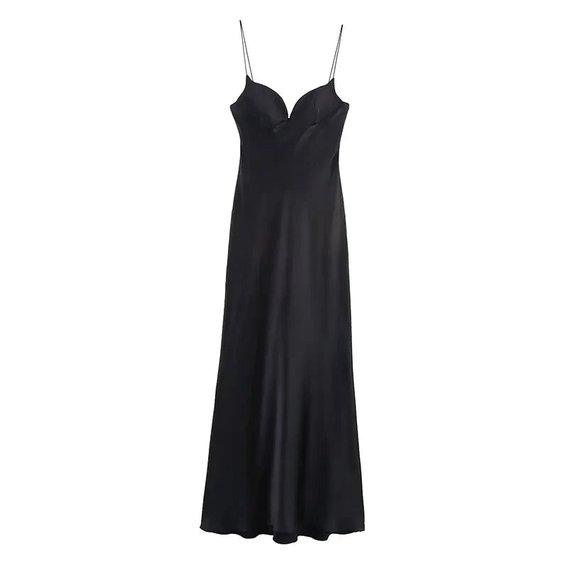 Satin Solid V-neck Strap Maxi Dress