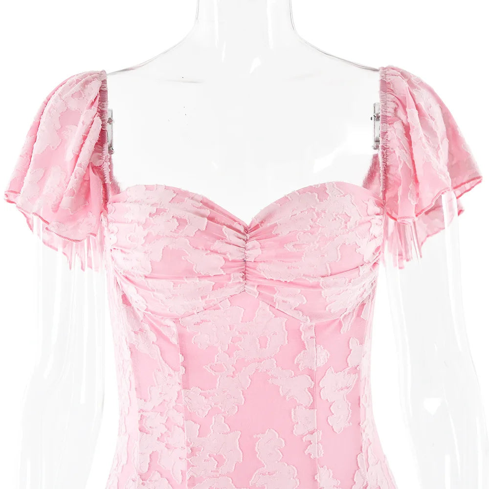 Pink Short Puff Sleeves Jacquard Print Maxi Dress