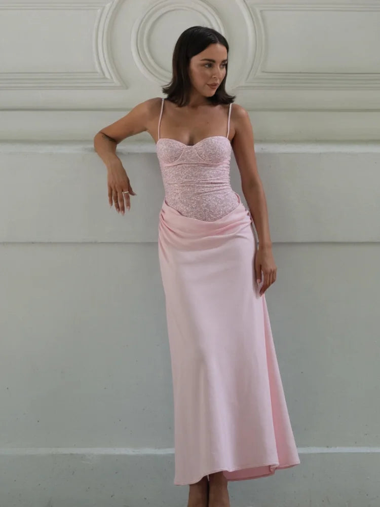 Pink Lace Patchwork Strap Midi Dress