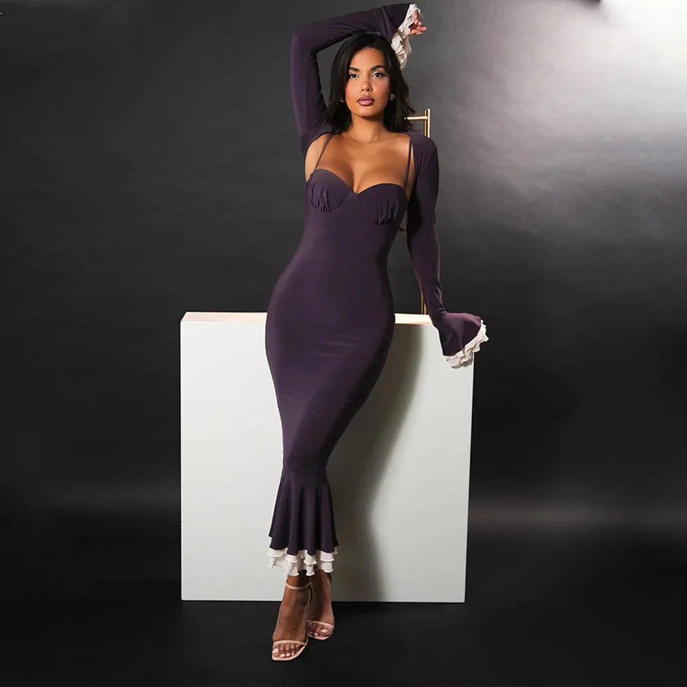 Solid Long Flared Two-piece Crop Sleeve Midi Dress