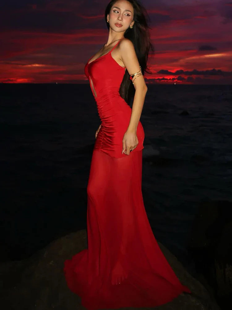 Mesh Ruched Cami Maxi Dress