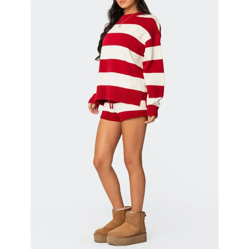 Knitwear Striped Long Sleeve Pullover And Drawstring Shorts