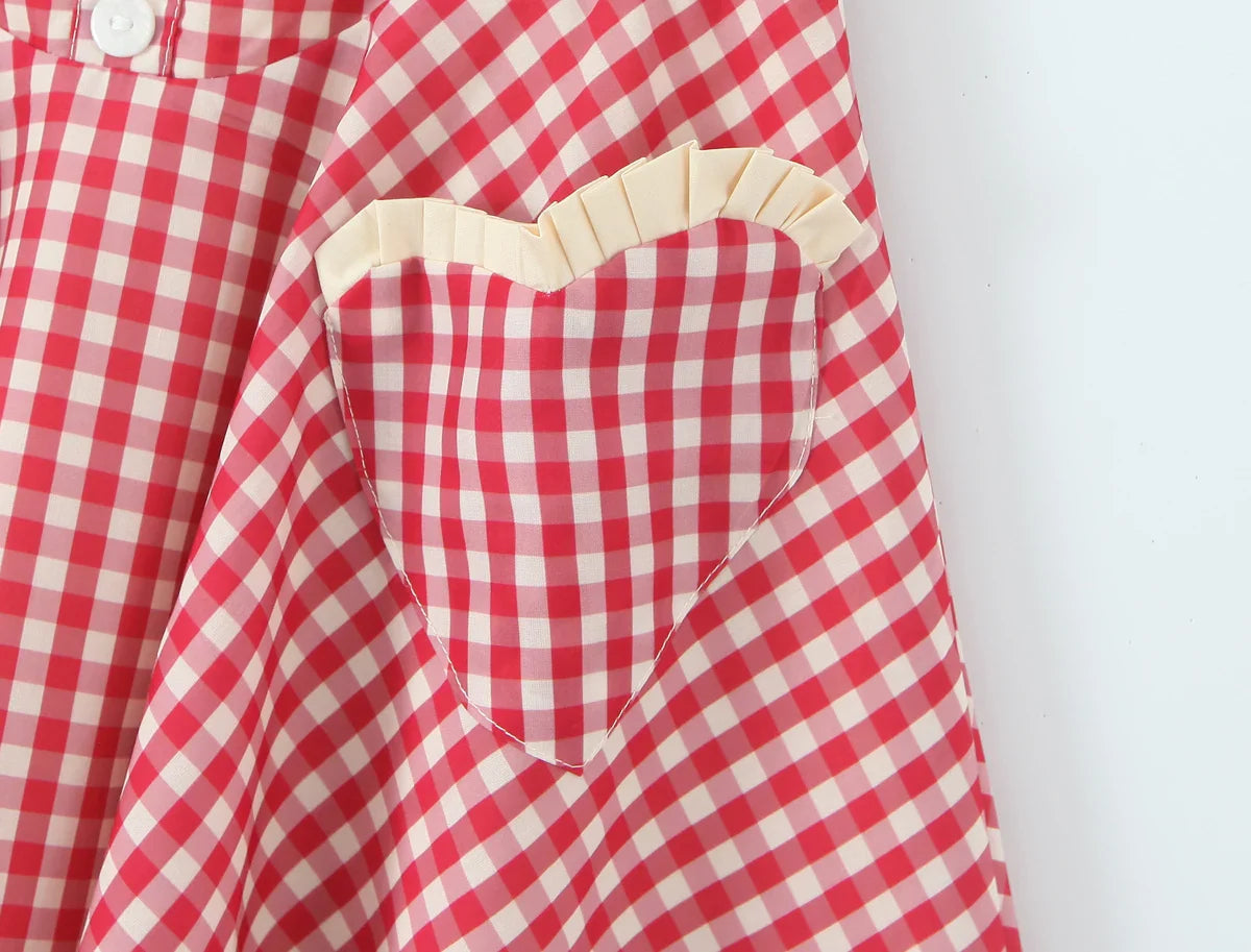 Red Plaid Print Heart Shaped Pocket Halter Mini Dress