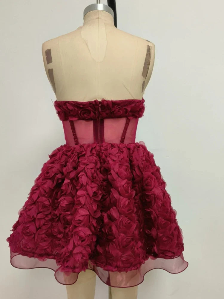 Red Mesh 3d Floral Frill Beaded Strapless Mini Dress