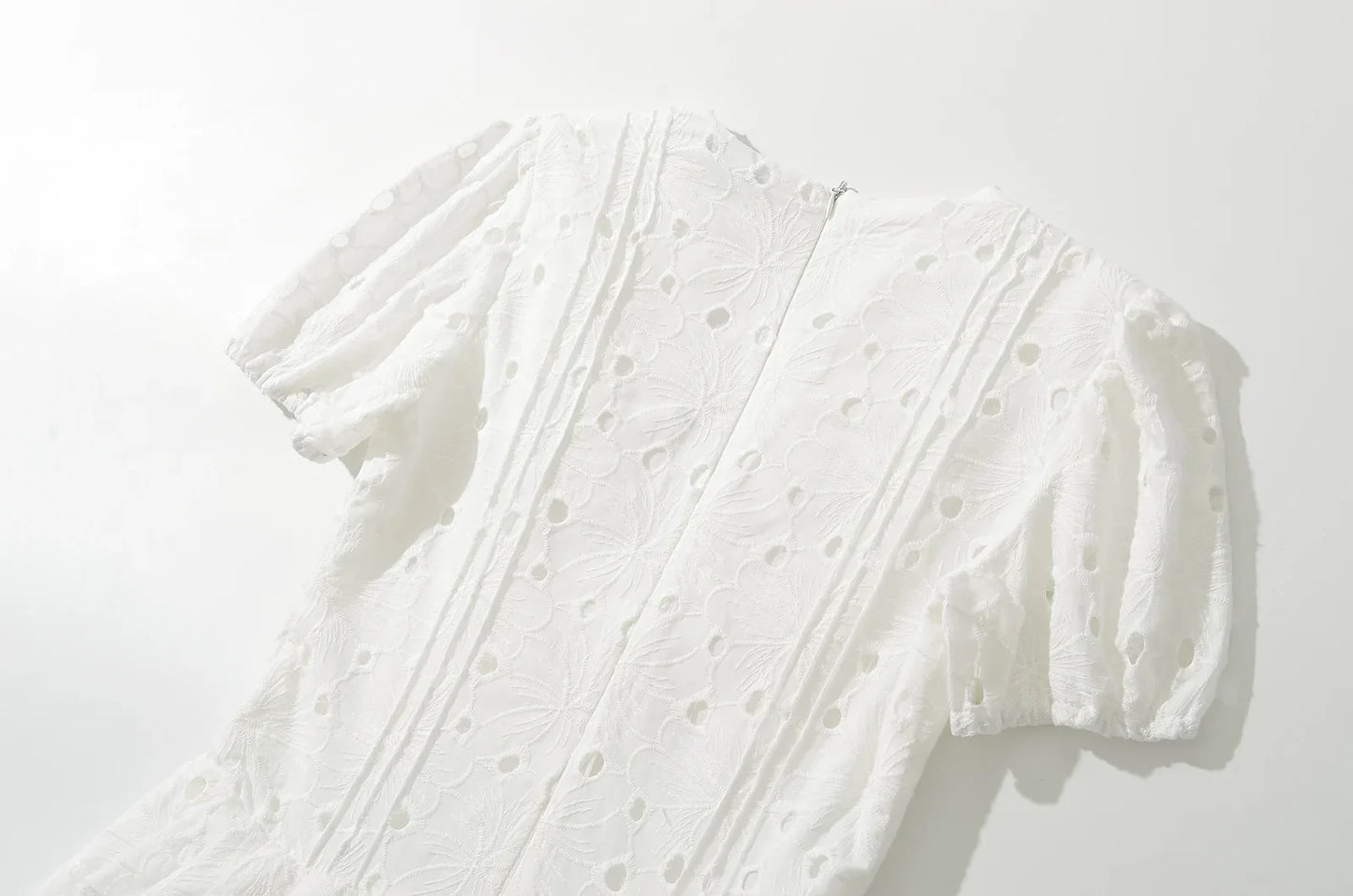 White Doily Embroidery V-Neck Short Sleeve Mini Dress