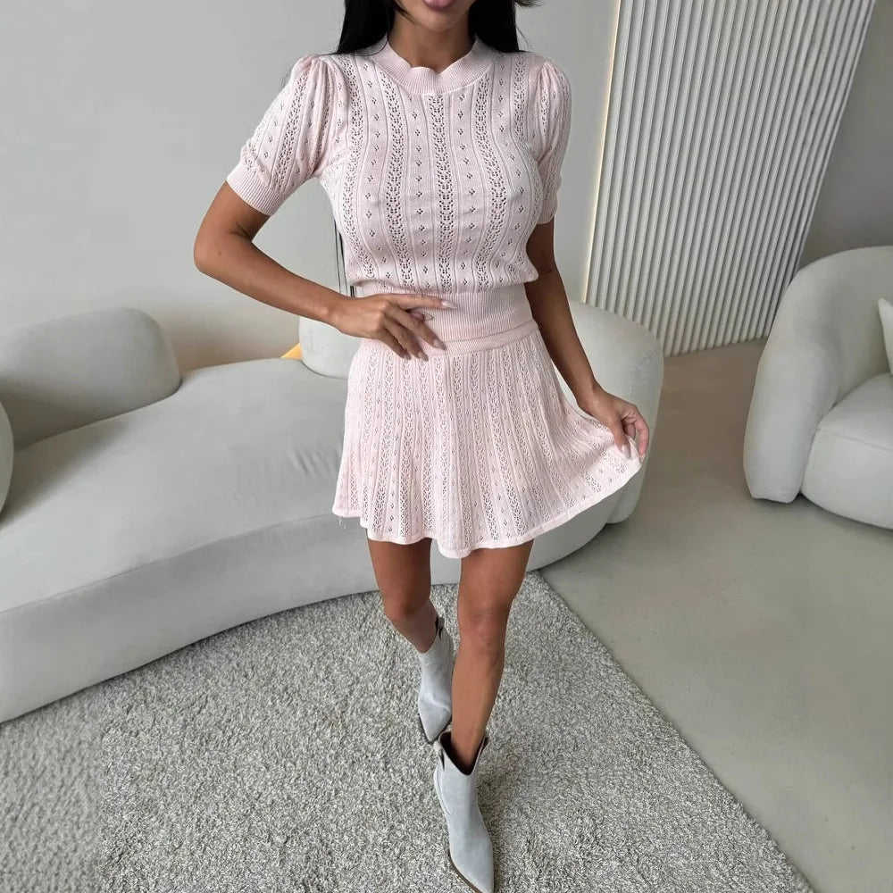 Knit Short Sleeve Top And Mini Skirt Set