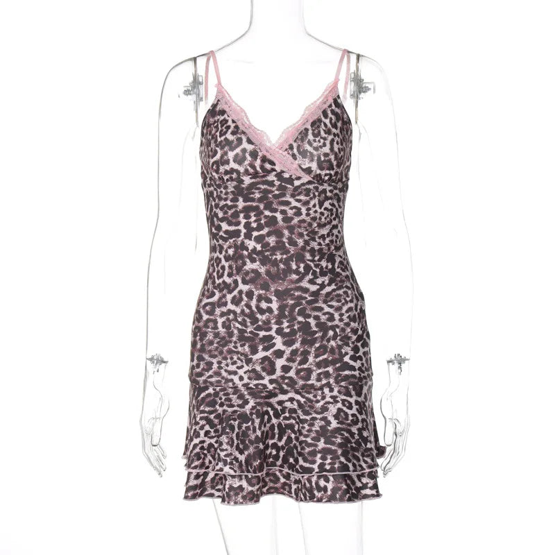 Leopard Print Lace Trim Mini Dress