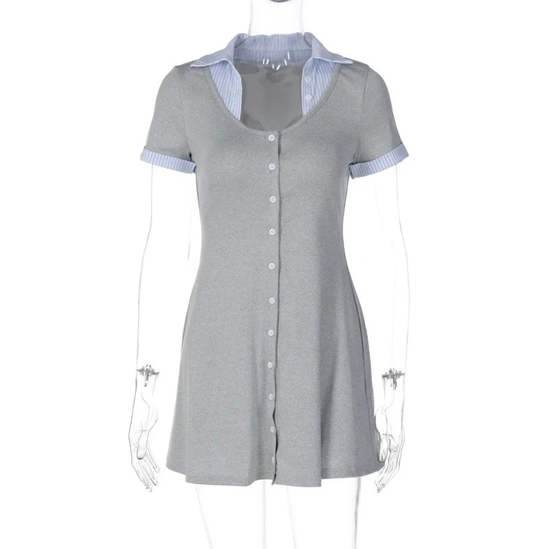 Knit Buttoned Collar Short Sleeve Mini Dress