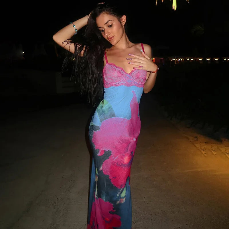 Printed Pink Lace Cami Maxi Dress