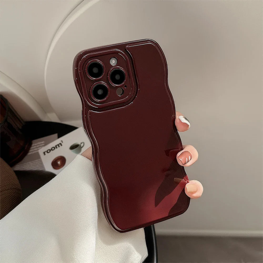 Cute Wave Edge Wine Red Color Phone Case For iPhone 16 15 14 13 12 11 Pro Max Soft Silicone Shockproof Back Cover Christmas Gift