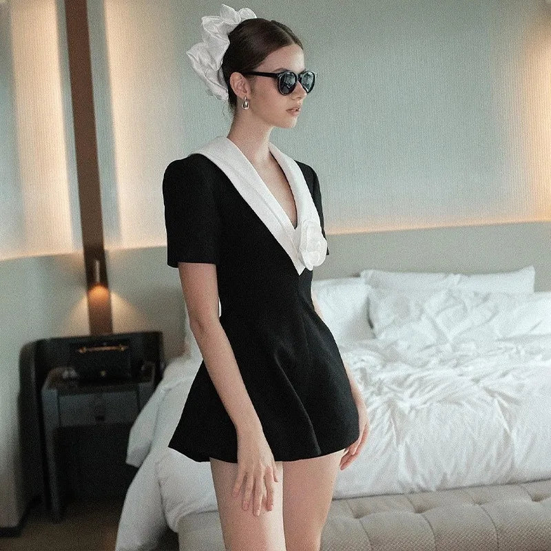 Black V-neck Flower Romper
