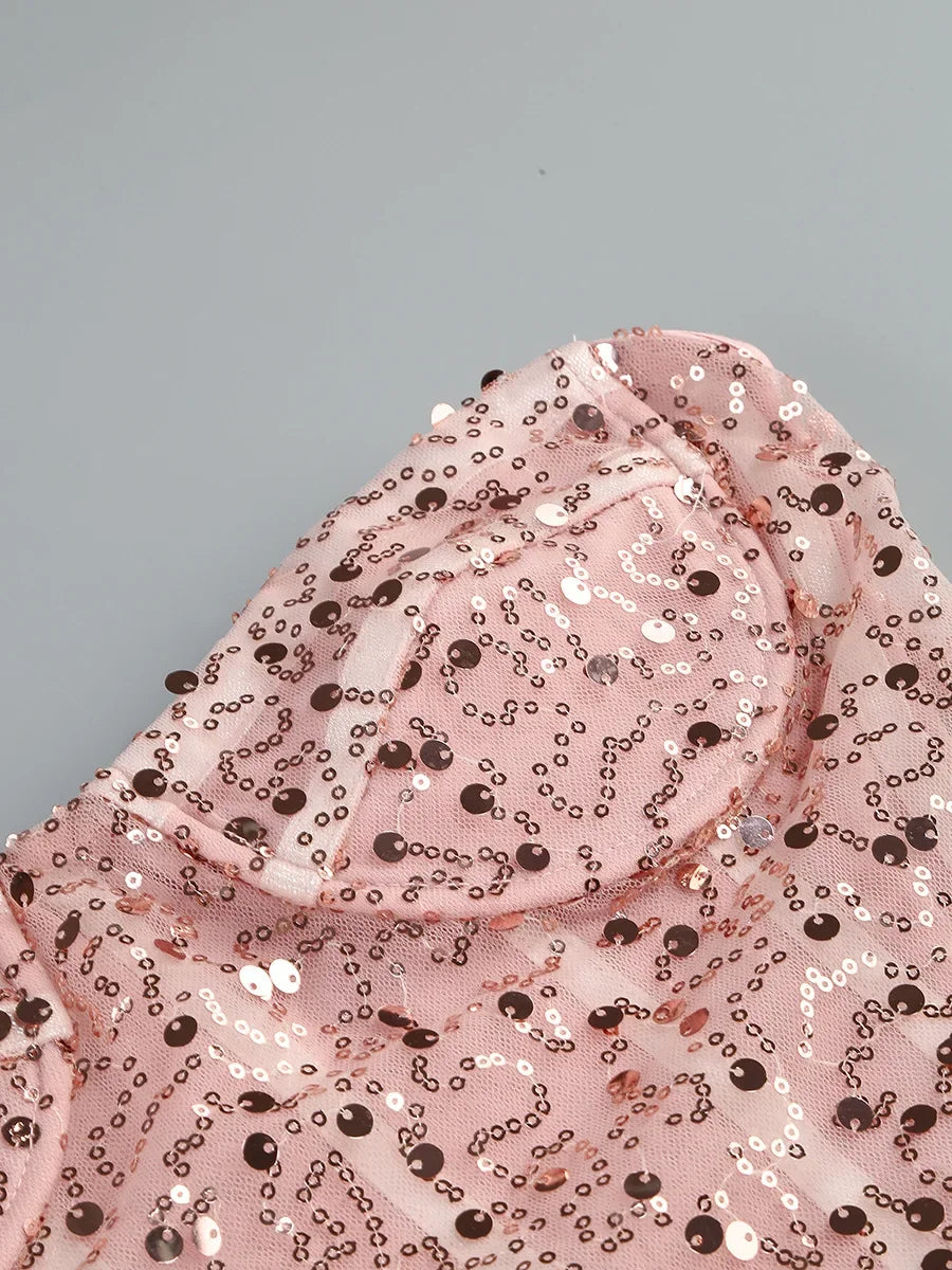 Pink Sequin Bodycon Mesh Maxi Dress