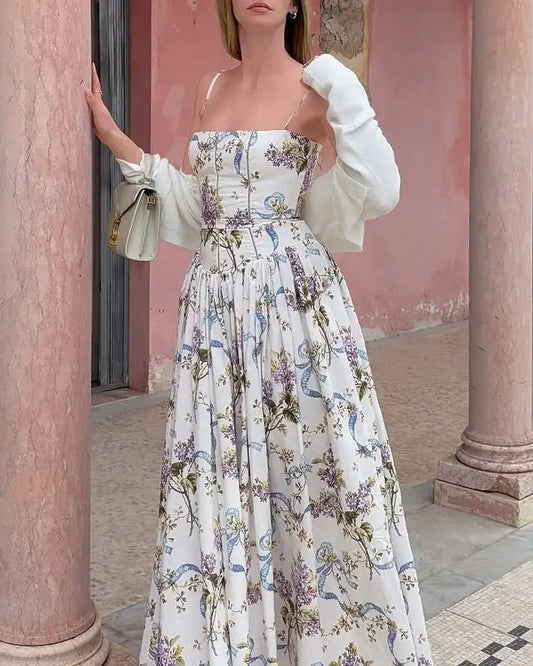 Strap Floral Printed Straight Neck Midi Dress