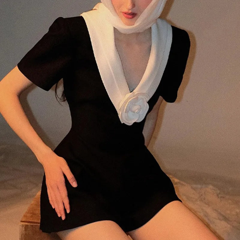 Black V-neck Flower Romper