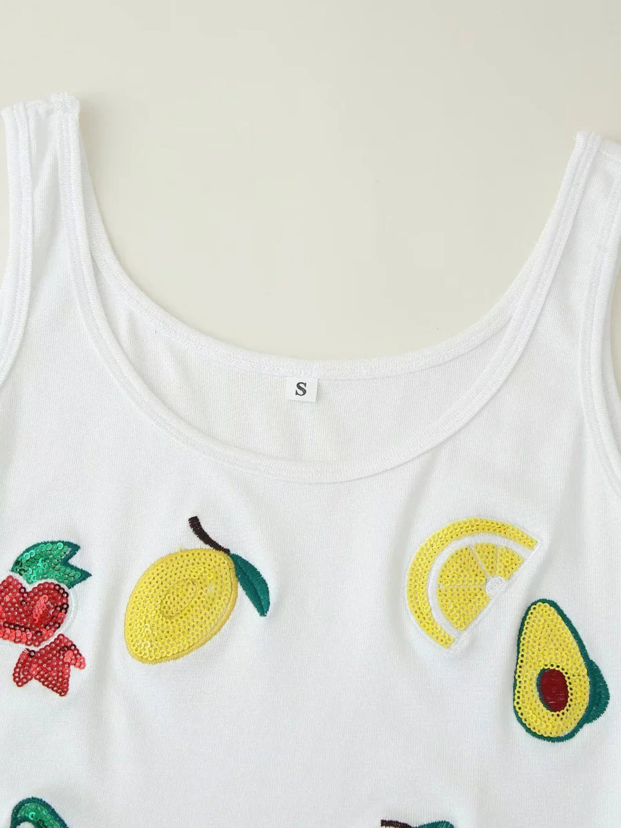 Patchwork Sequins White Tank Top