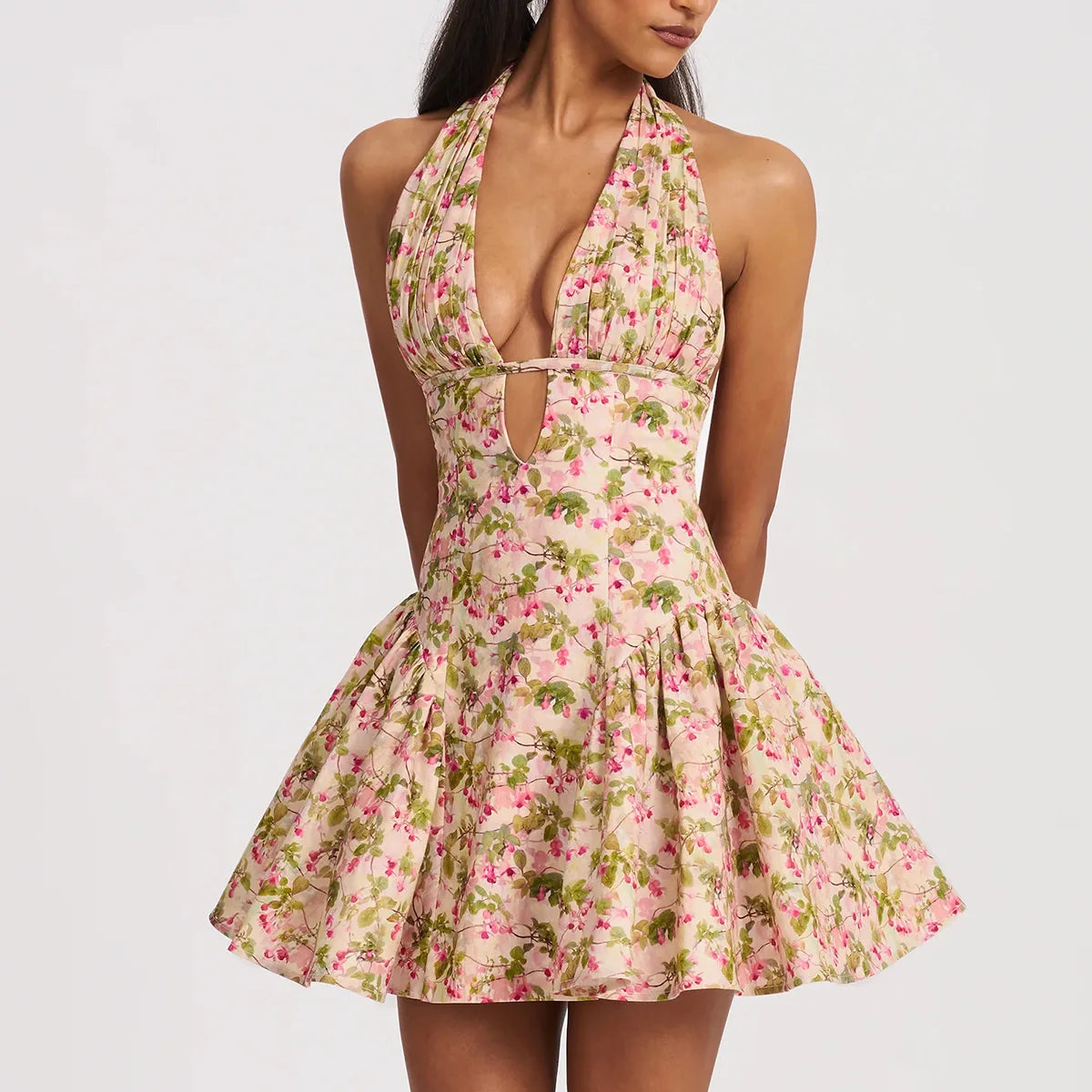 Floral Deep Halter Neck Mini Dress