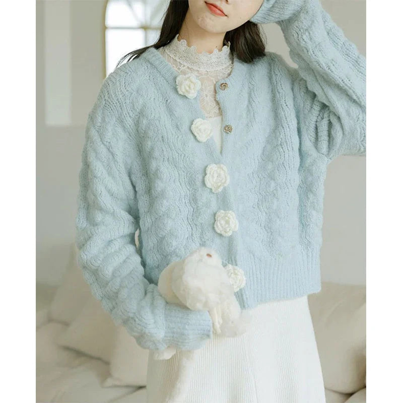 Blue Knitted Rose Buttoned Cardigan