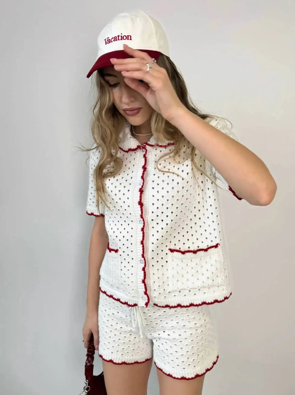 White Knitted Short Sleeve Top And Shorts Set