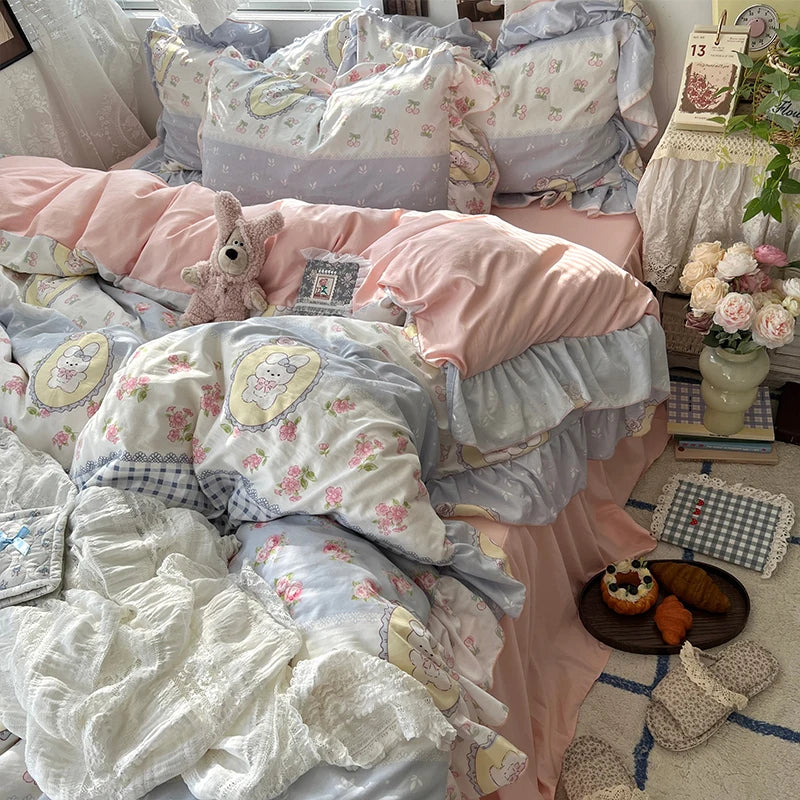 3/4Pcs Korean Princess Style Floral Ruffles Bedding Set Skin-friendly Soft Duvet Cover Set Bed Sheet Or Bed Skirt Pillowcases