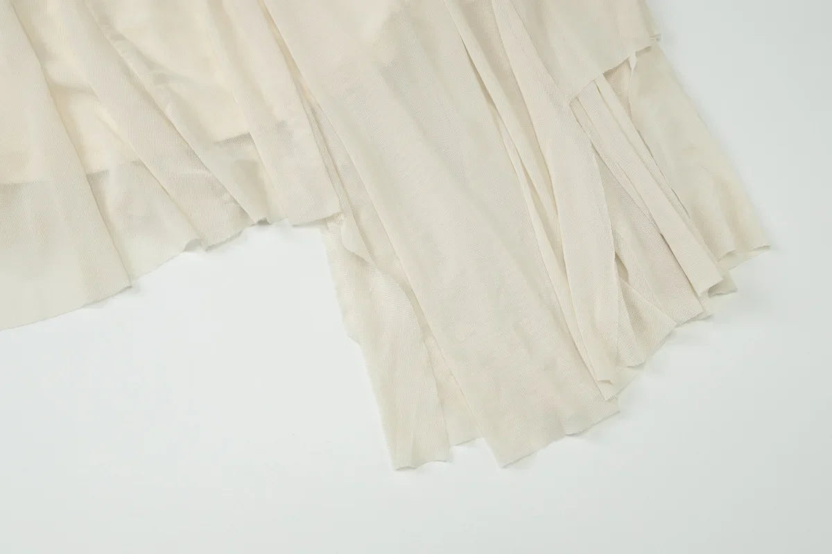 White Off-Shoulder Mesh Irregular Hem Midi Dress