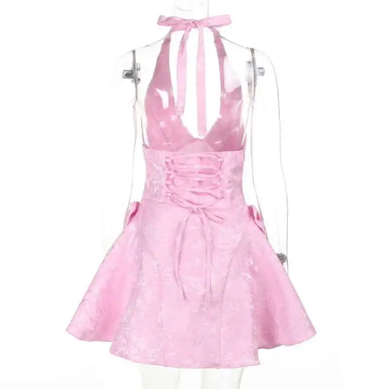 Pink Bow Jacquard A-line Halter Mini Dress