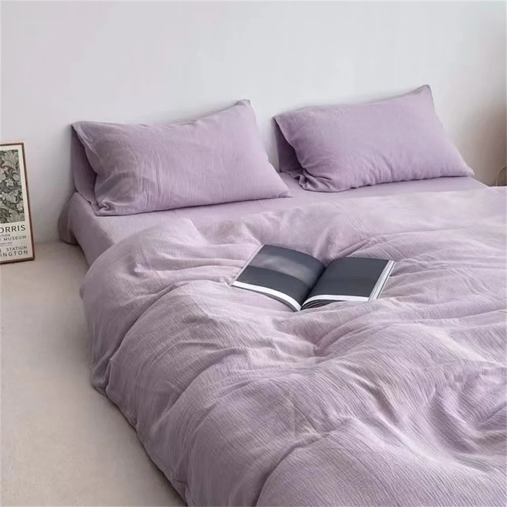 Ins Pure Washed Cotton Four-piece Bedding Set Pure Cotton 100 Solid Color Quilt Cover Set Bedding Three-piece Set