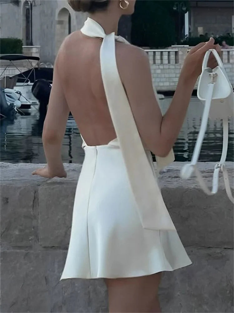 White Backless Lace-Up Satin Mini Dress