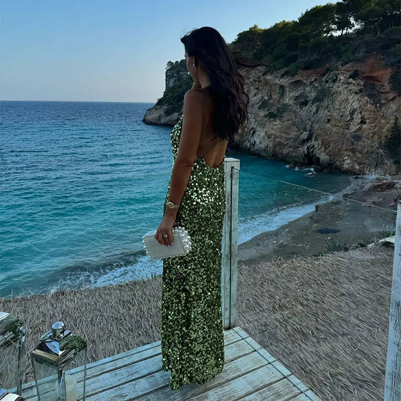 Green Sequin Backless Sling Maxi Dress