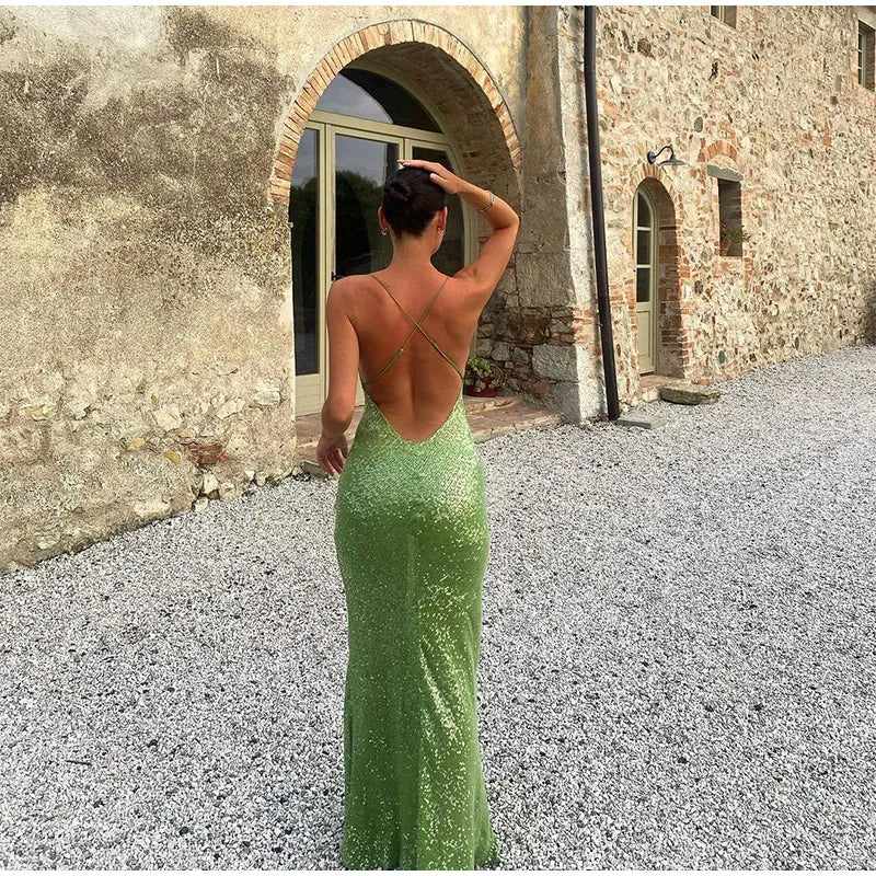 Green Sequin Backless Sling Maxi Dress