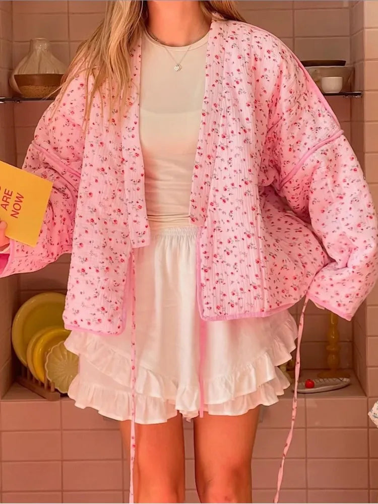 Women's Pink Printed Casual Knit Cardigan - Autumn/Winter Warm