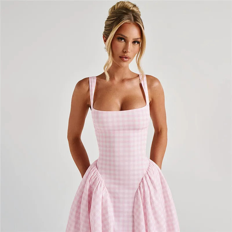 Plaid Printed Corset A-line Maxi Dress