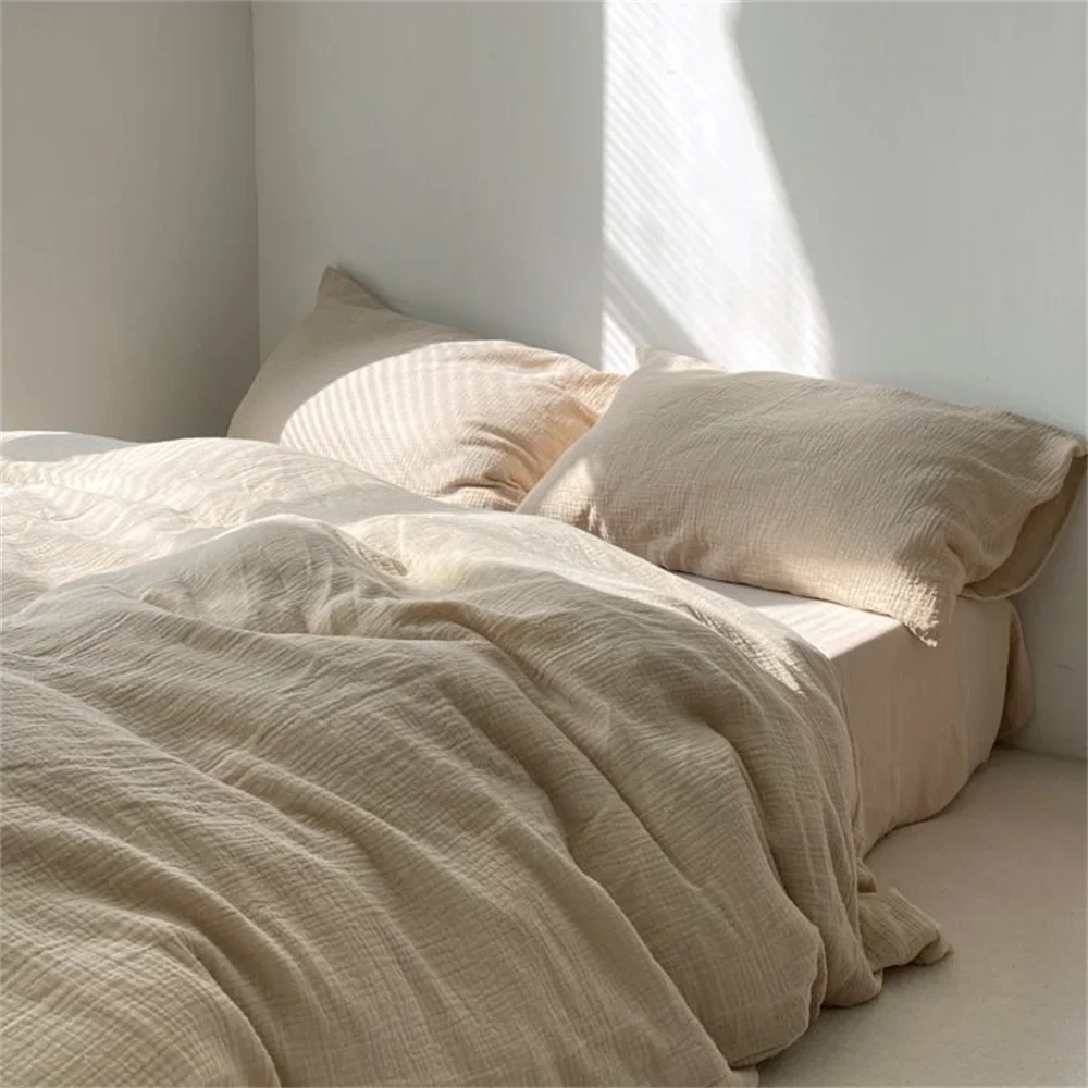 Ins Pure Washed Cotton Four-piece Bedding Set Pure Cotton 100 Solid Color Quilt Cover Set Bedding Three-piece Set