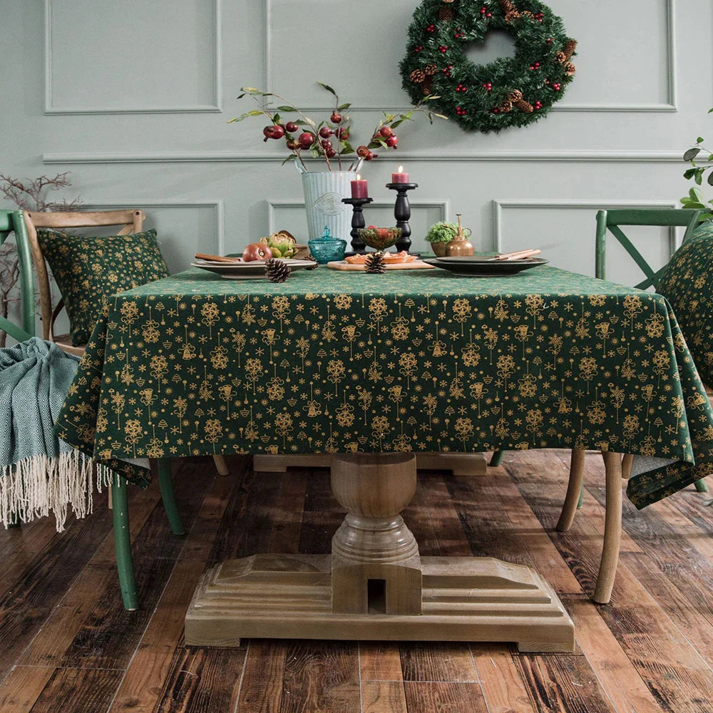 Linen Cotton Christmas Party Tablecloth Japanese Green Bronzing Wind Chimes Rectangle Dinning Table Cover for Home Decorative