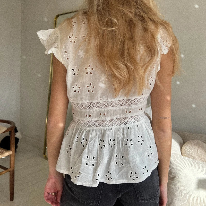 White Button Down Ruffle V Neck Top