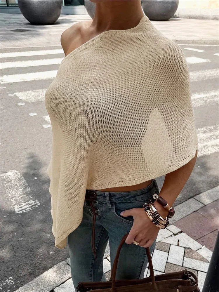 Knit See-Through Off-Shoulder Knit Poncho Top